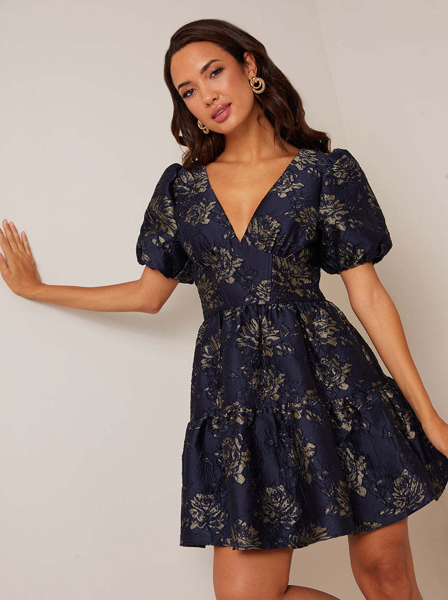 Puff Sleeve V Neck Jacquard Mini Dress in Navy