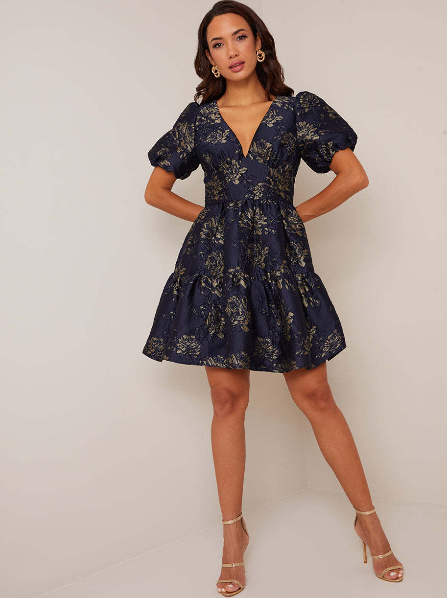 Puff Sleeve V Neck Jacquard Mini Dress in Navy