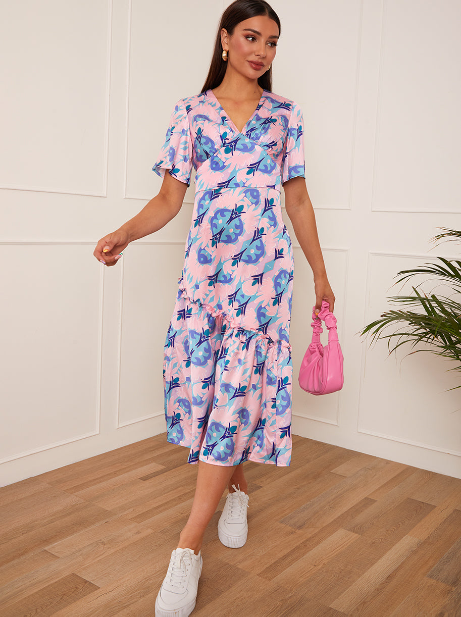 V Neck Abstract Print Midi Dress in Pink