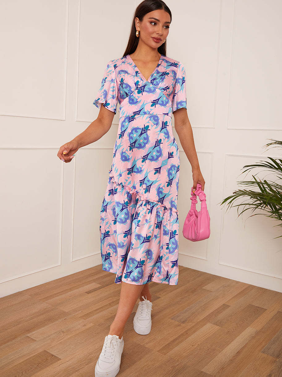 V Neck Abstract Print Midi Dress in Pink