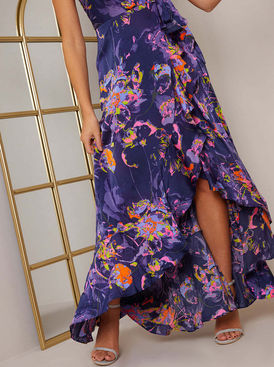 Sleeveless Neon Abstract Print Wrap Midi Dress in Blue | Chi