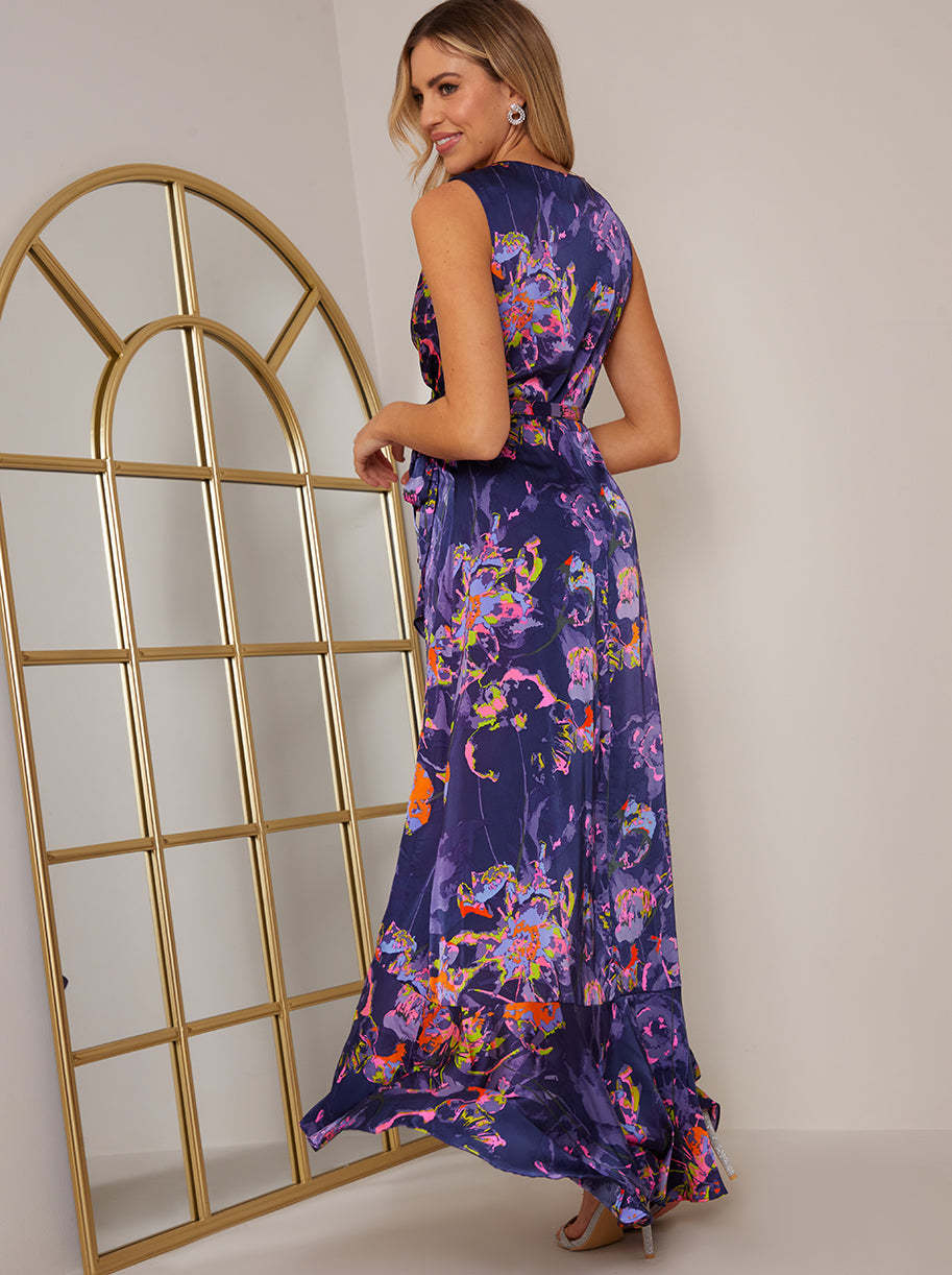Sleeveless Neon Abstract Print Wrap Midi Dress in Blue