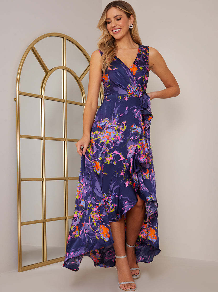 Sleeveless Neon Abstract Print Wrap Midi Dress in Blue