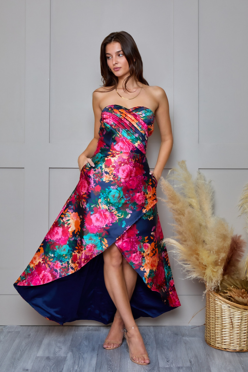 Petite Bandeau Sweetheart Floral Wrap Detail Dip Hem Dress in Navy