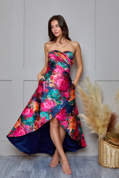 Petite Bandeau Sweetheart Floral Wrap Detail Dip Hem Dress in Navy