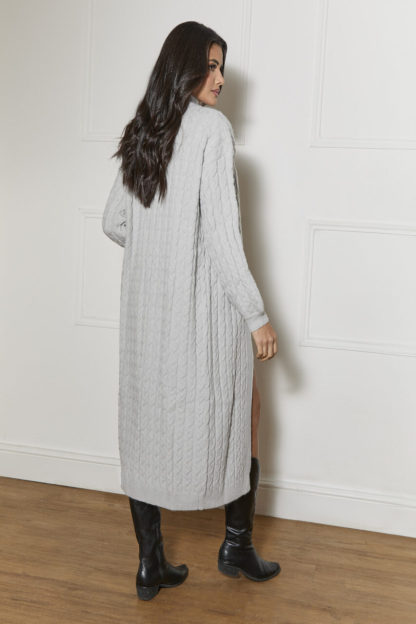 All-Over Knitted Cable Longline Cardigan in Grey