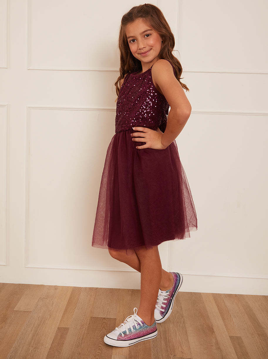 Older Girls Sequin Tulle Midi Dress in Berry