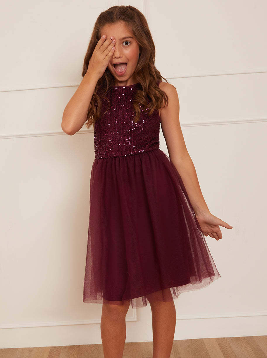 Older Girls Sequin Tulle Midi Dress in Berry
