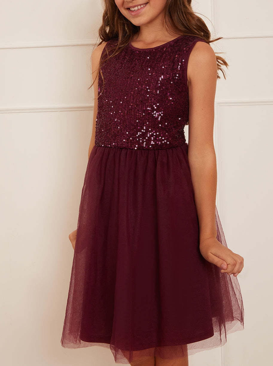 Older Girls Sequin Tulle Midi Dress in Berry
