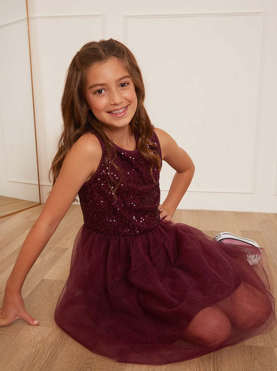 Older Girls Sequin Tulle Midi Dress in Berry