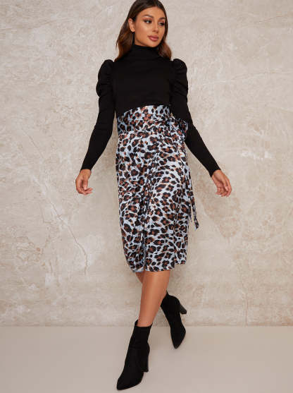 Satin Tie Waist Wrap Style Skirt in Blue