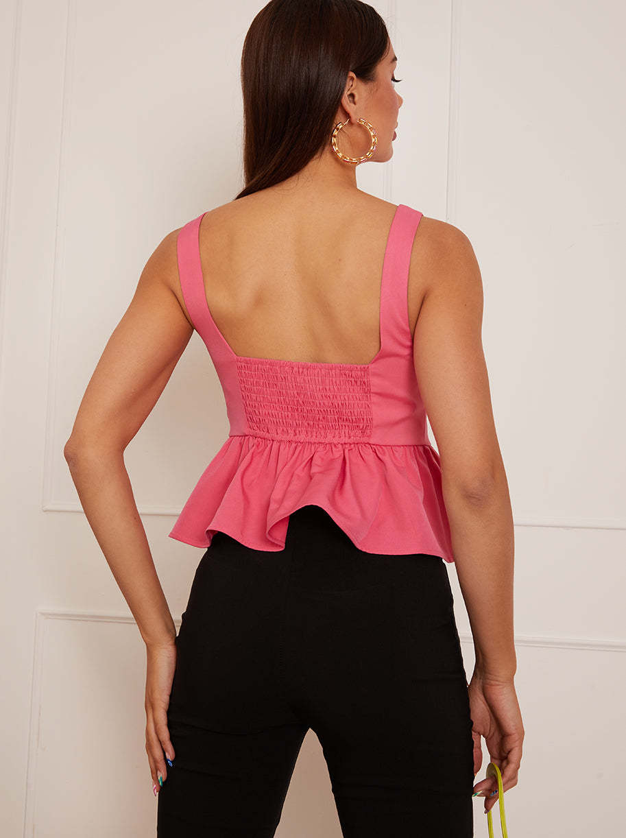 Plunge Neck Peplum Hem Top in Pink