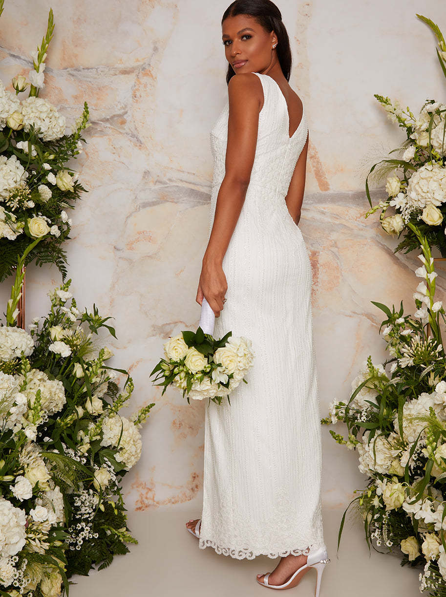 Sequinned Beaded Wedding Dress in White