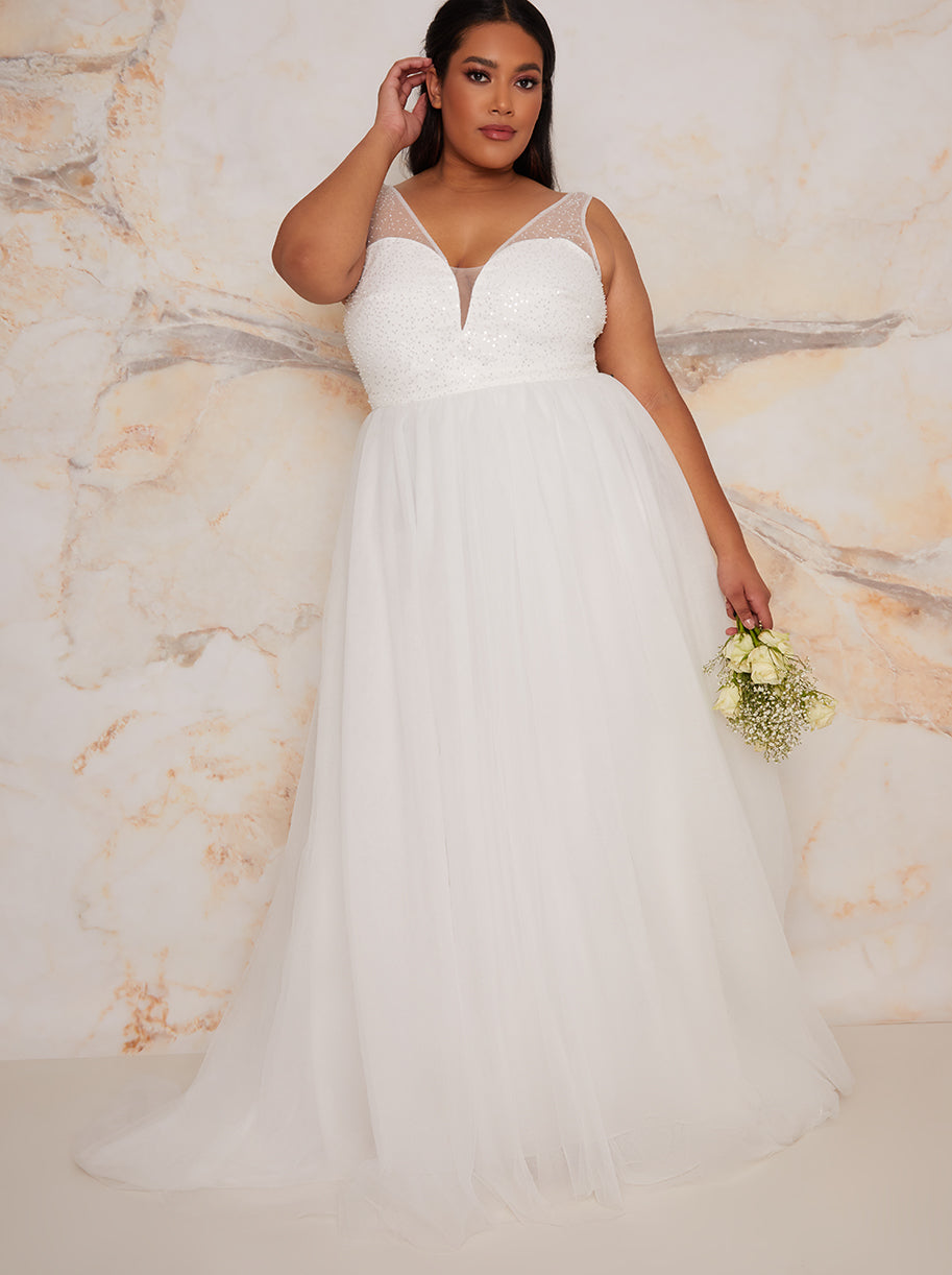 Plus Size Sequin Bodice Wedding Dress in White Chi Chi London UK