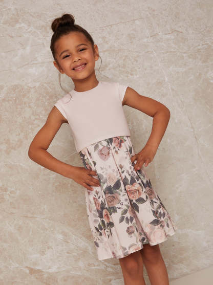 Girls Ruffle Trim Floral Print Dress in Pink