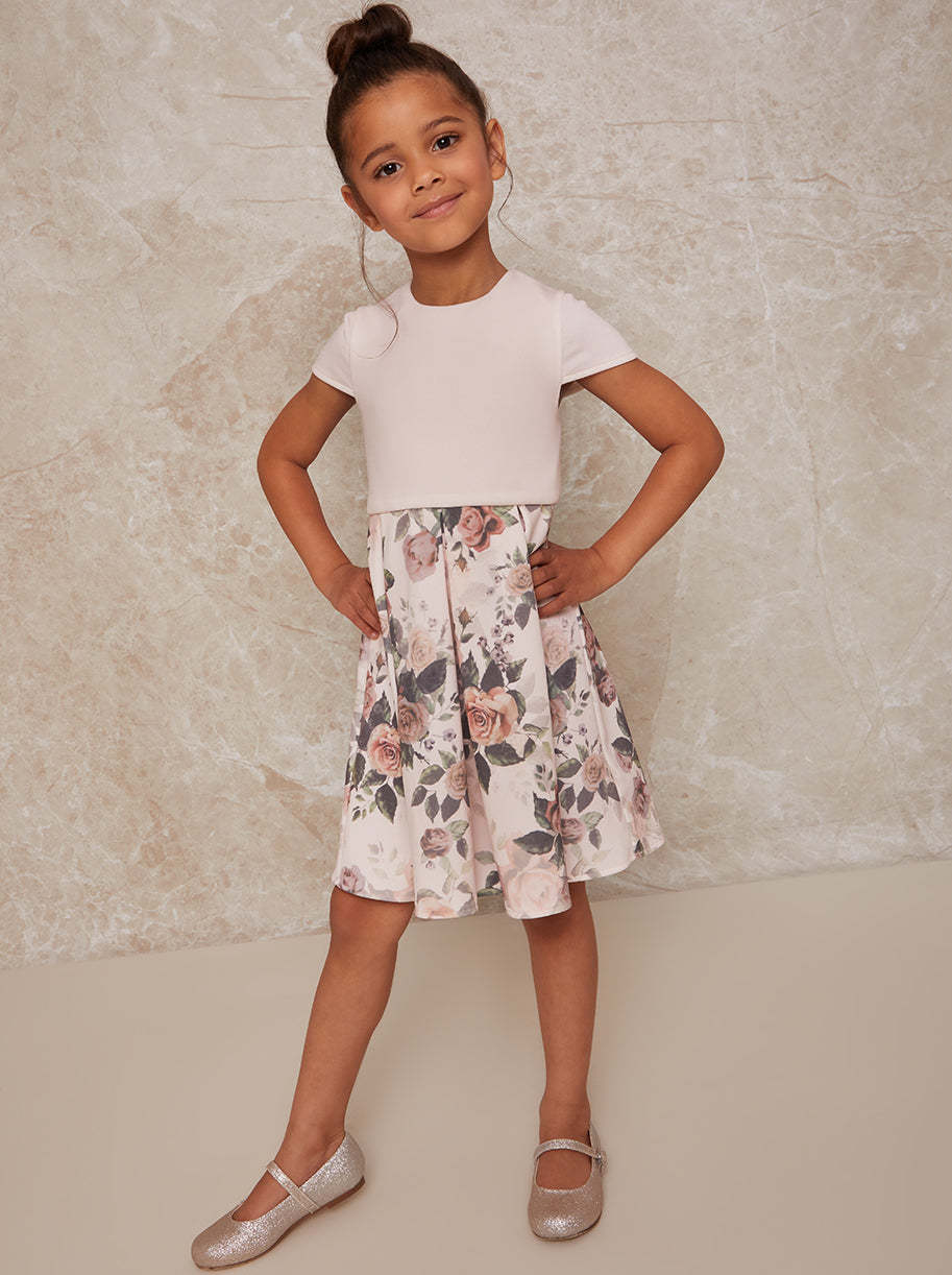 Girls Ruffle Trim Floral Print Dress in Pink