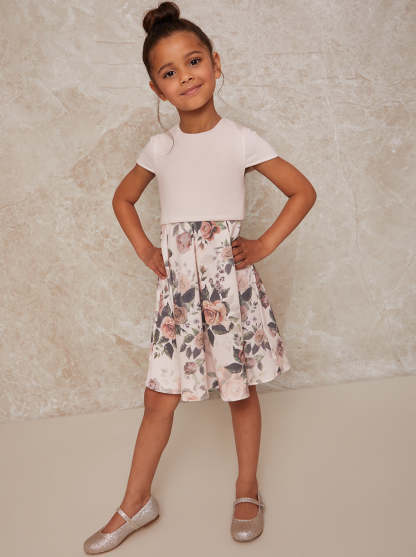 Girls Ruffle Trim Floral Print Dress in Pink