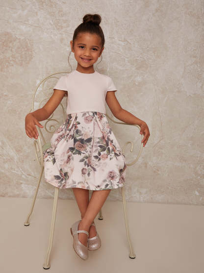 Girls Ruffle Trim Floral Print Dress in Pink