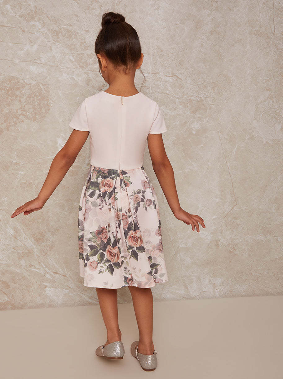 Girls Ruffle Trim Floral Print Dress in Pink