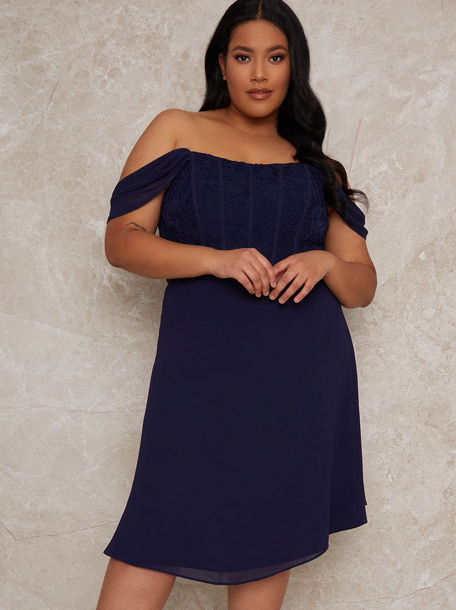 Plus Size Crochet Bodice Bardot Midi Dress in Navy