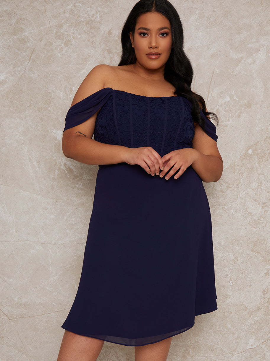 Plus Size Crochet Bodice Bardot Midi Dress in Navy Chi Chi London