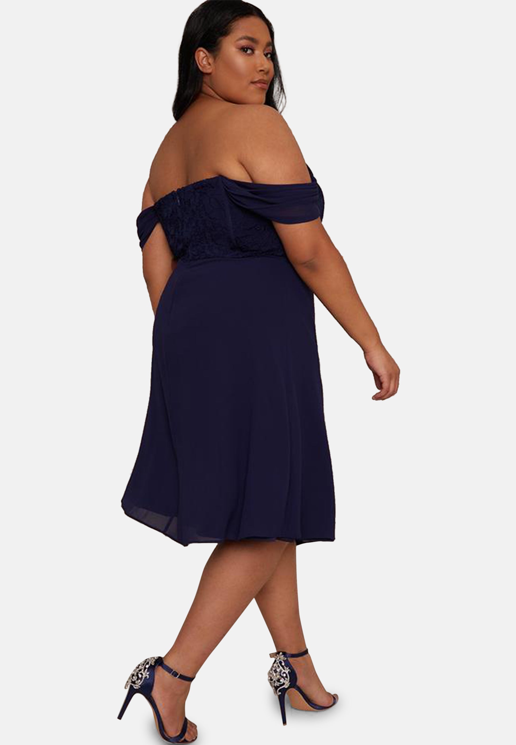 Plus Size Crochet Bodice Bardot Midi Dress in Navy