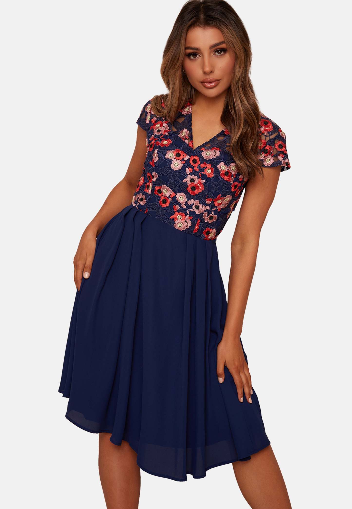 V Neck Crochet Midi Dress in Navy Chi Chi London