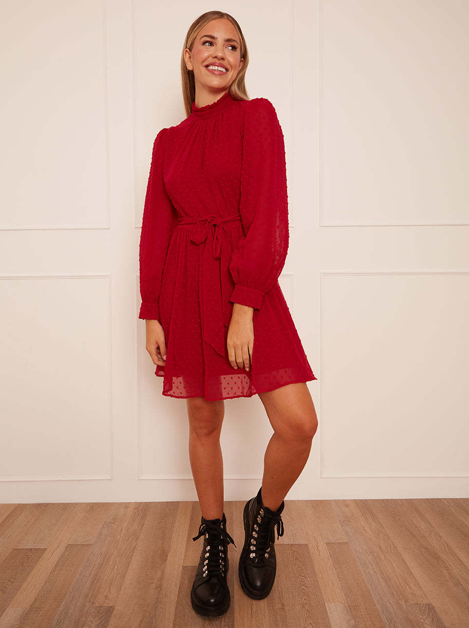 Long Sleeve Dobby Mini Dress in Red