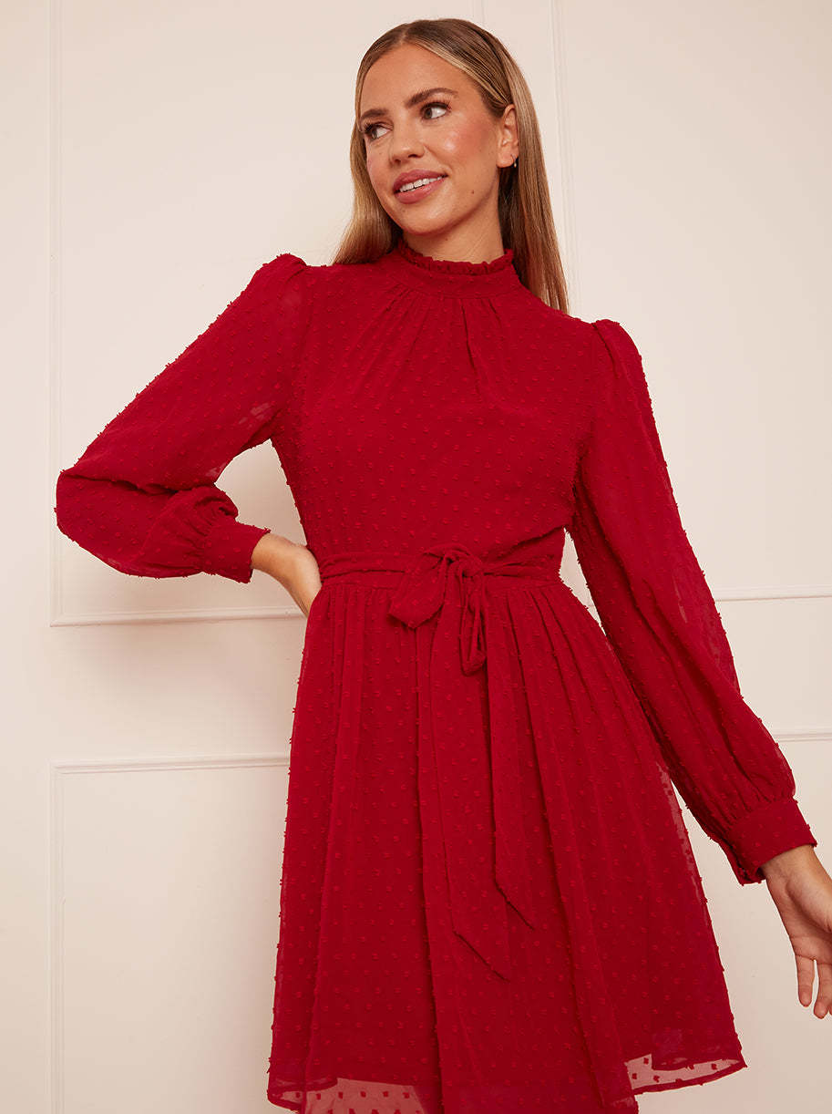 Long Sleeve Dobby Mini Dress in Red