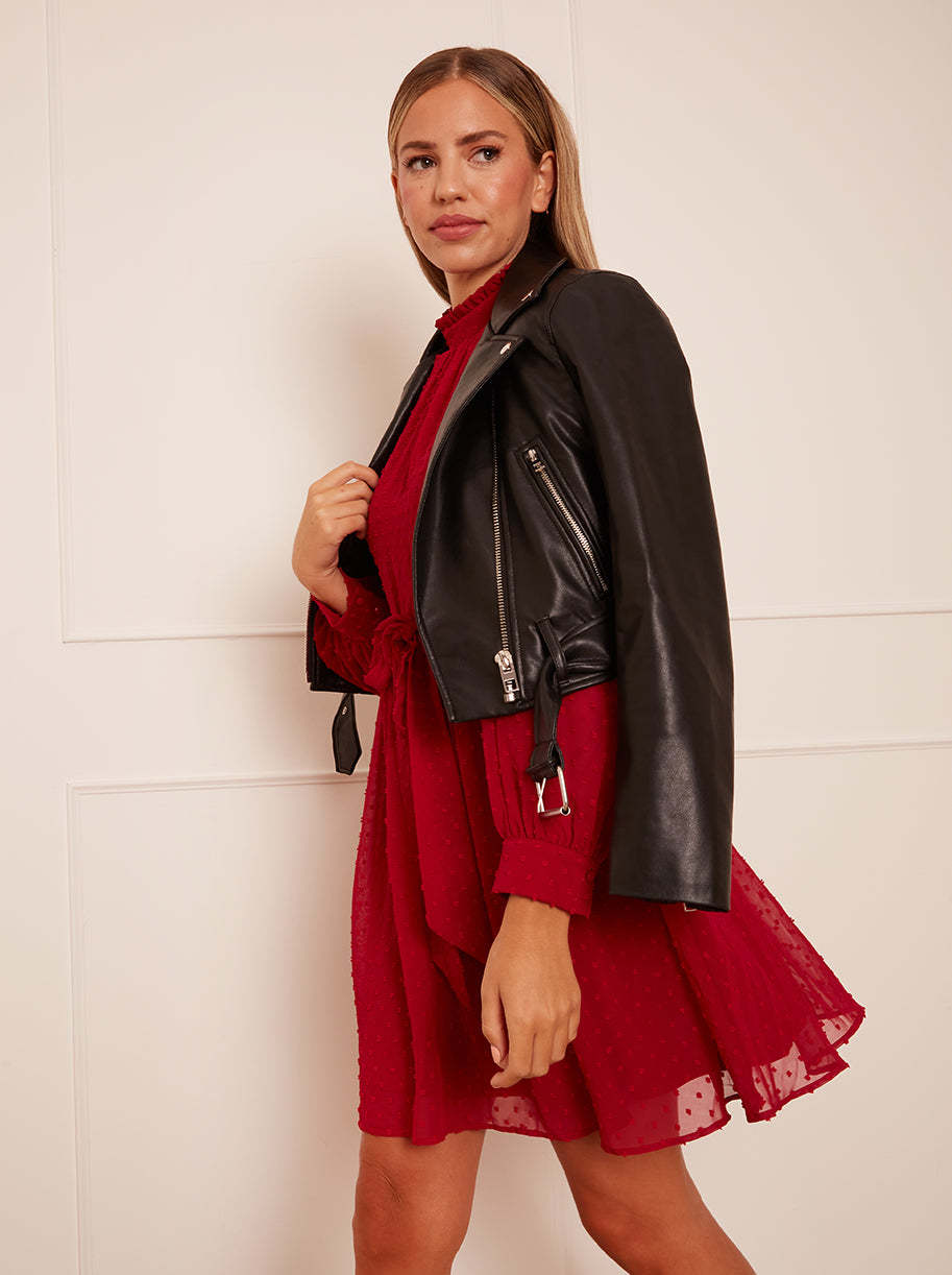 Long Sleeve Dobby Mini Dress in Red