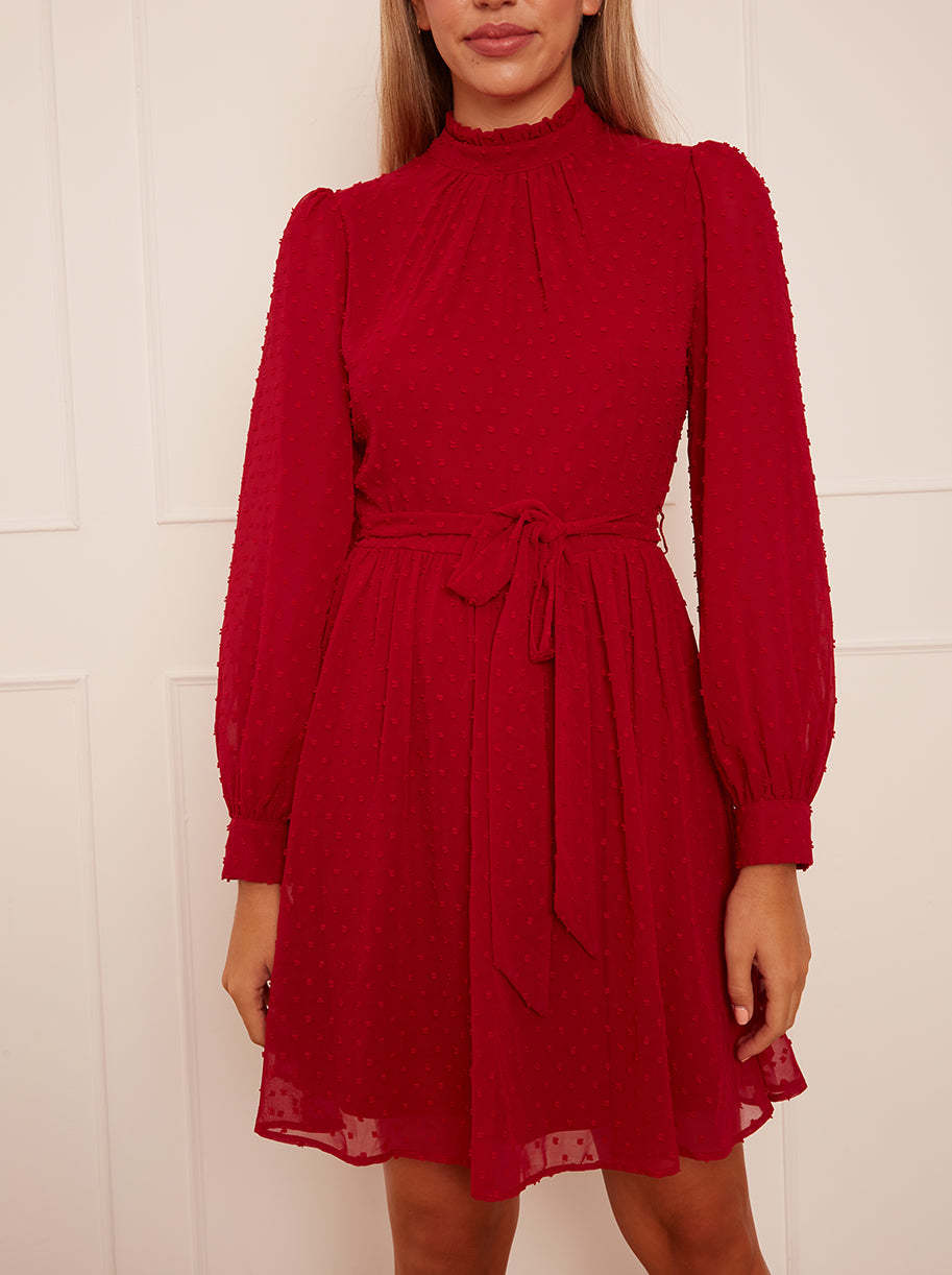 Long Sleeve Dobby Mini Dress in Red