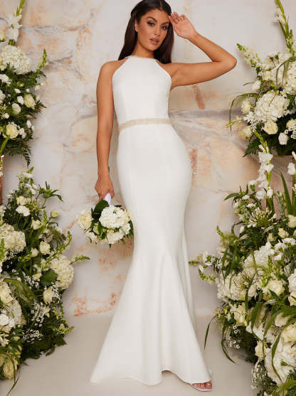 Sleeveless Trim Detail Bridal Dress in White
