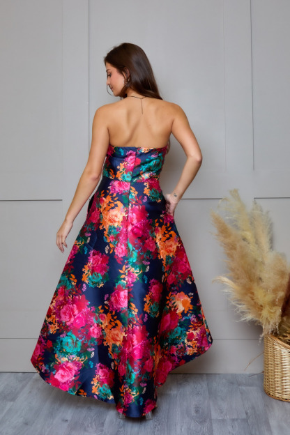 Petite Bandeau Sweetheart Floral Wrap Detail Dip Hem Dress in Navy