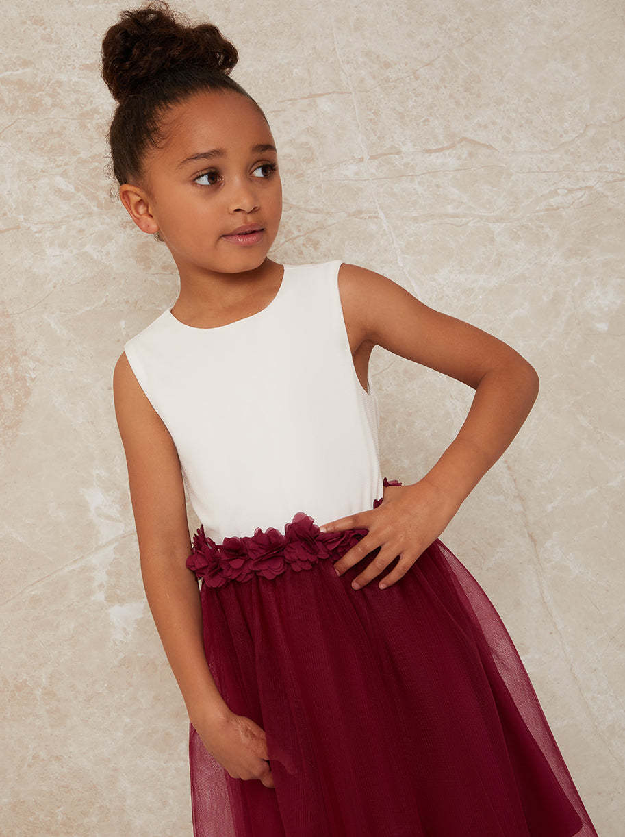 Girls Contrast 3D Floral Tutu Dress in Berry