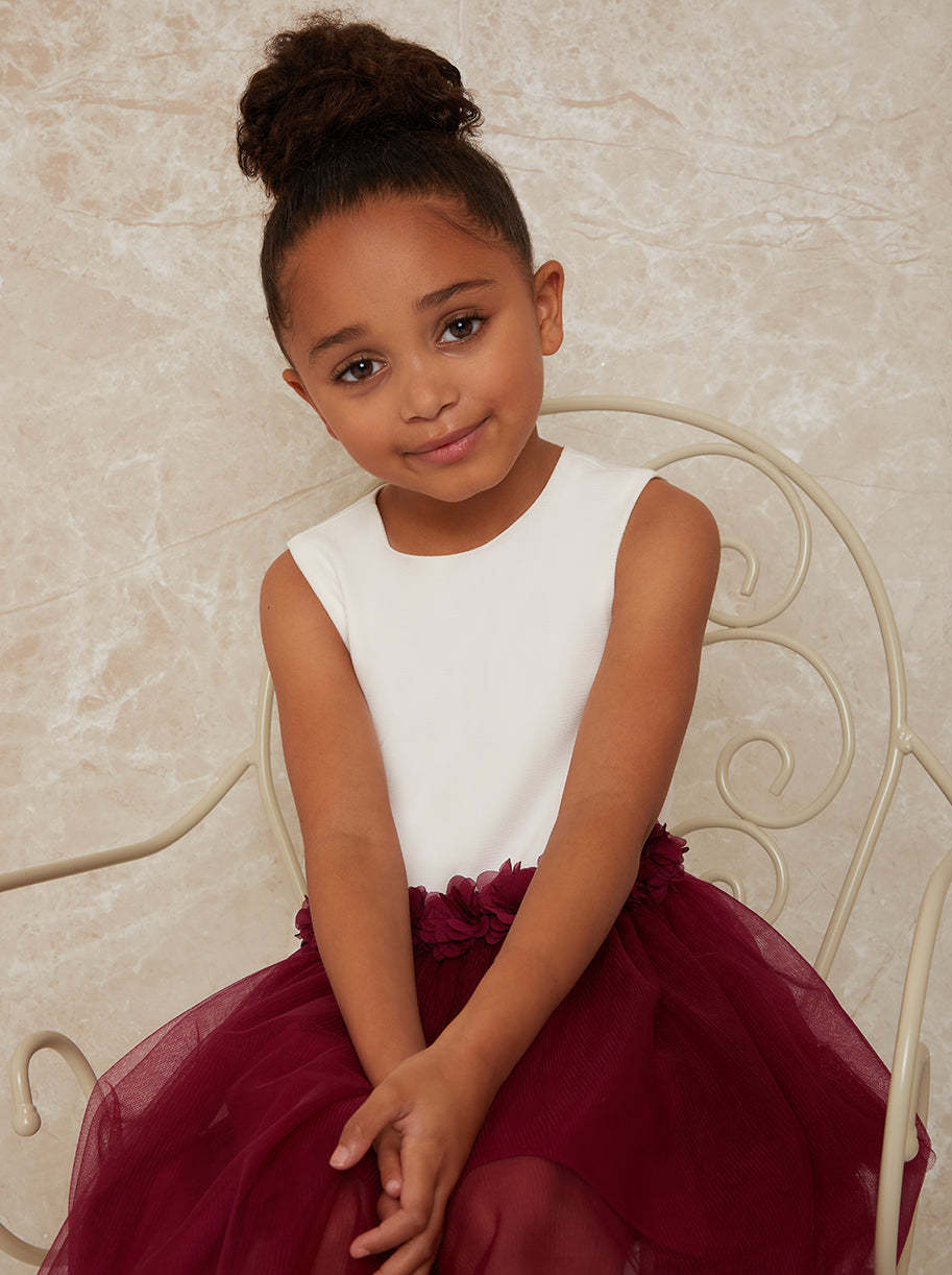 Girls Contrast 3D Floral Tutu Dress in Berry