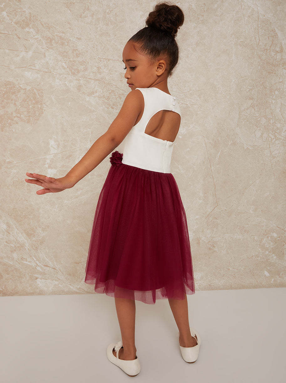 Girls Contrast 3D Floral Tutu Dress in Berry