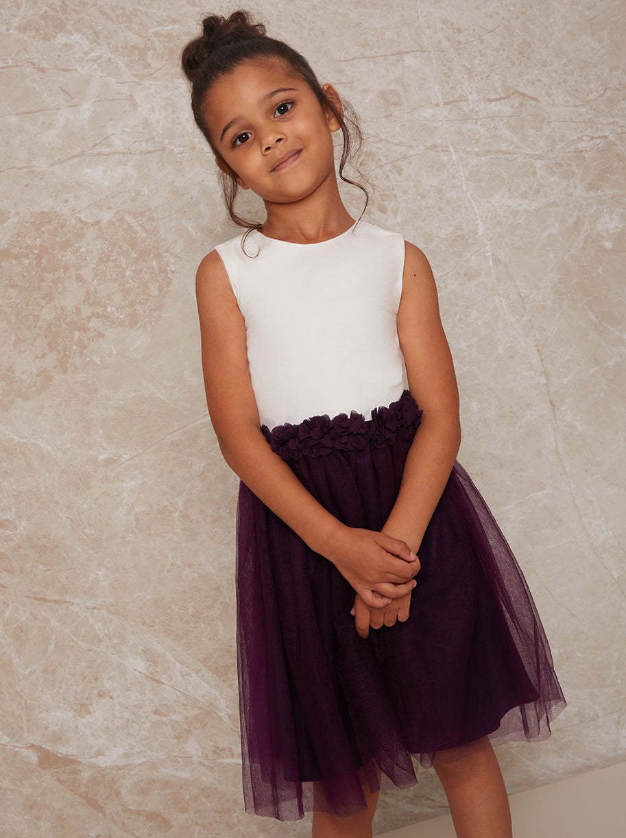 Girls Contrast 3D Floral Tutu Dress in Purple