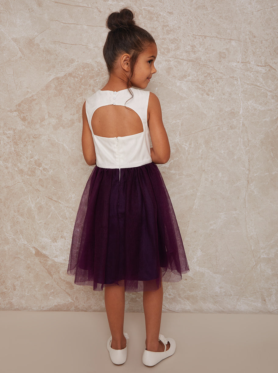 Girls Contrast 3D Floral Tutu Dress in Purple