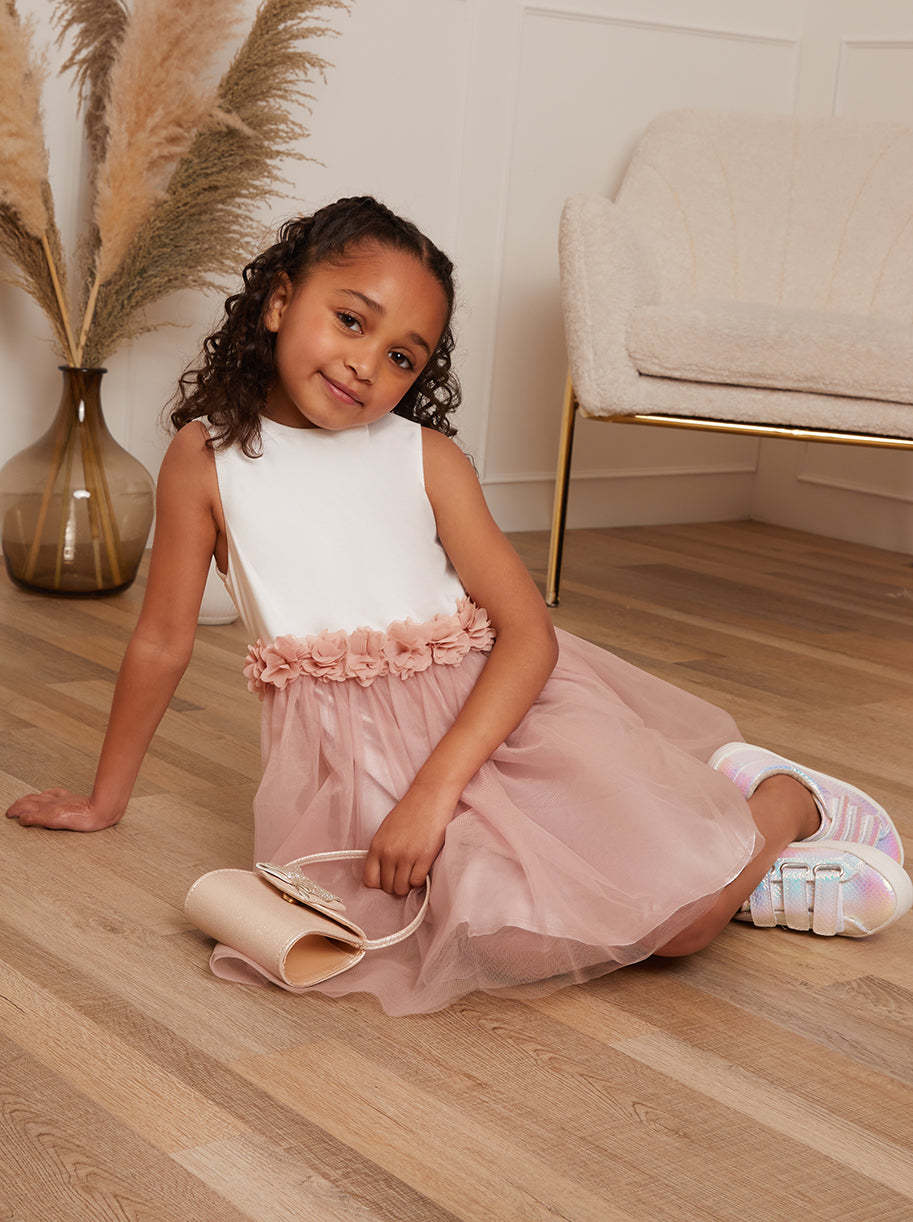 Girls Contrast 3D Floral Tutu Dress in Pink