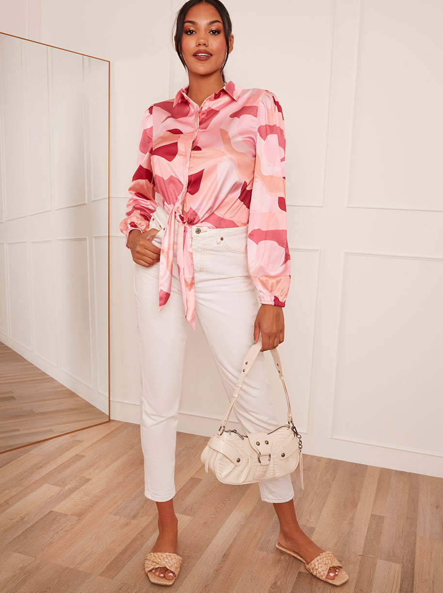 Long Sleeve Tie Front Abstract Shirt in Pink