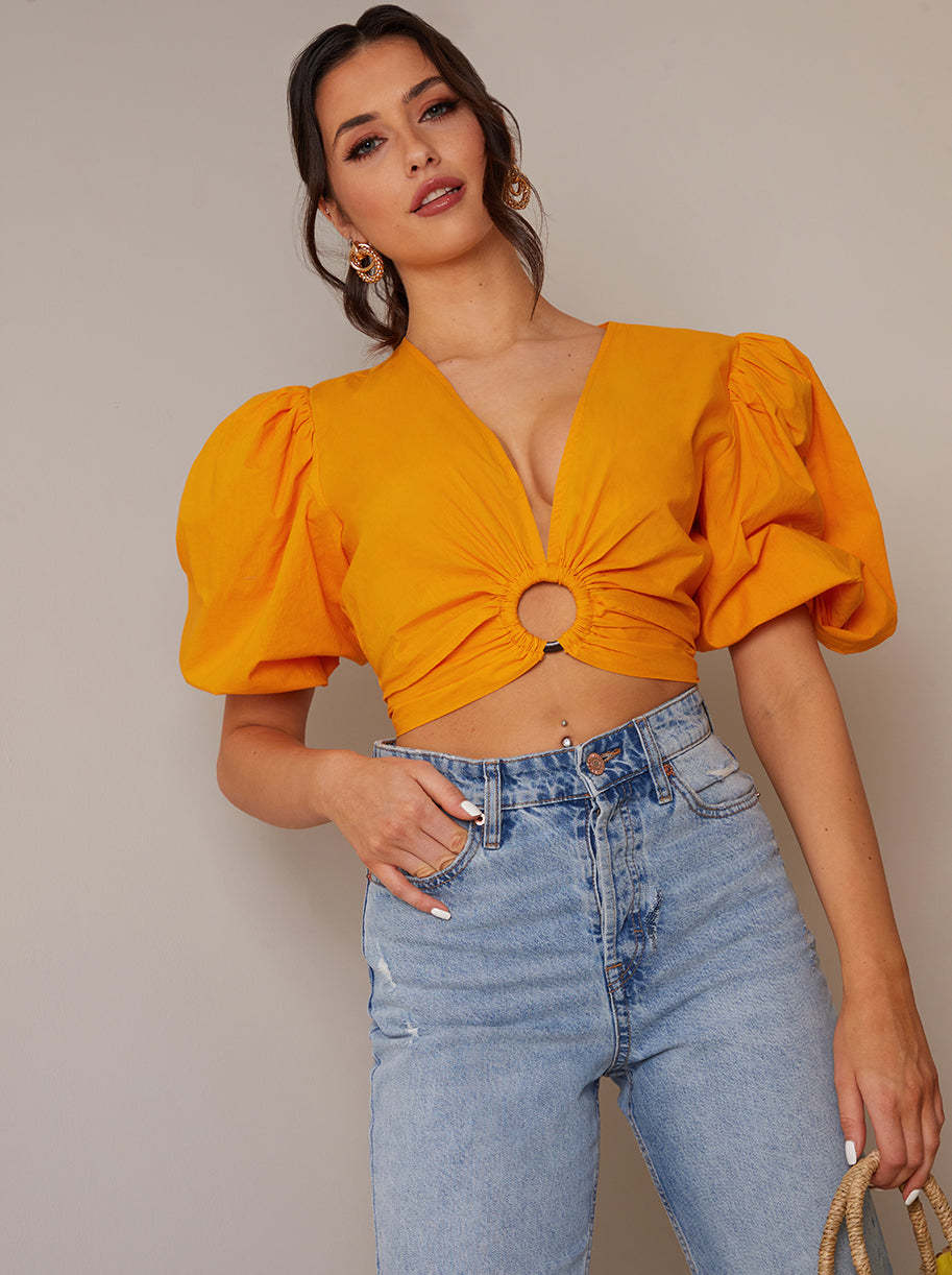 Ring Front Puff Sleeve Top in Orange