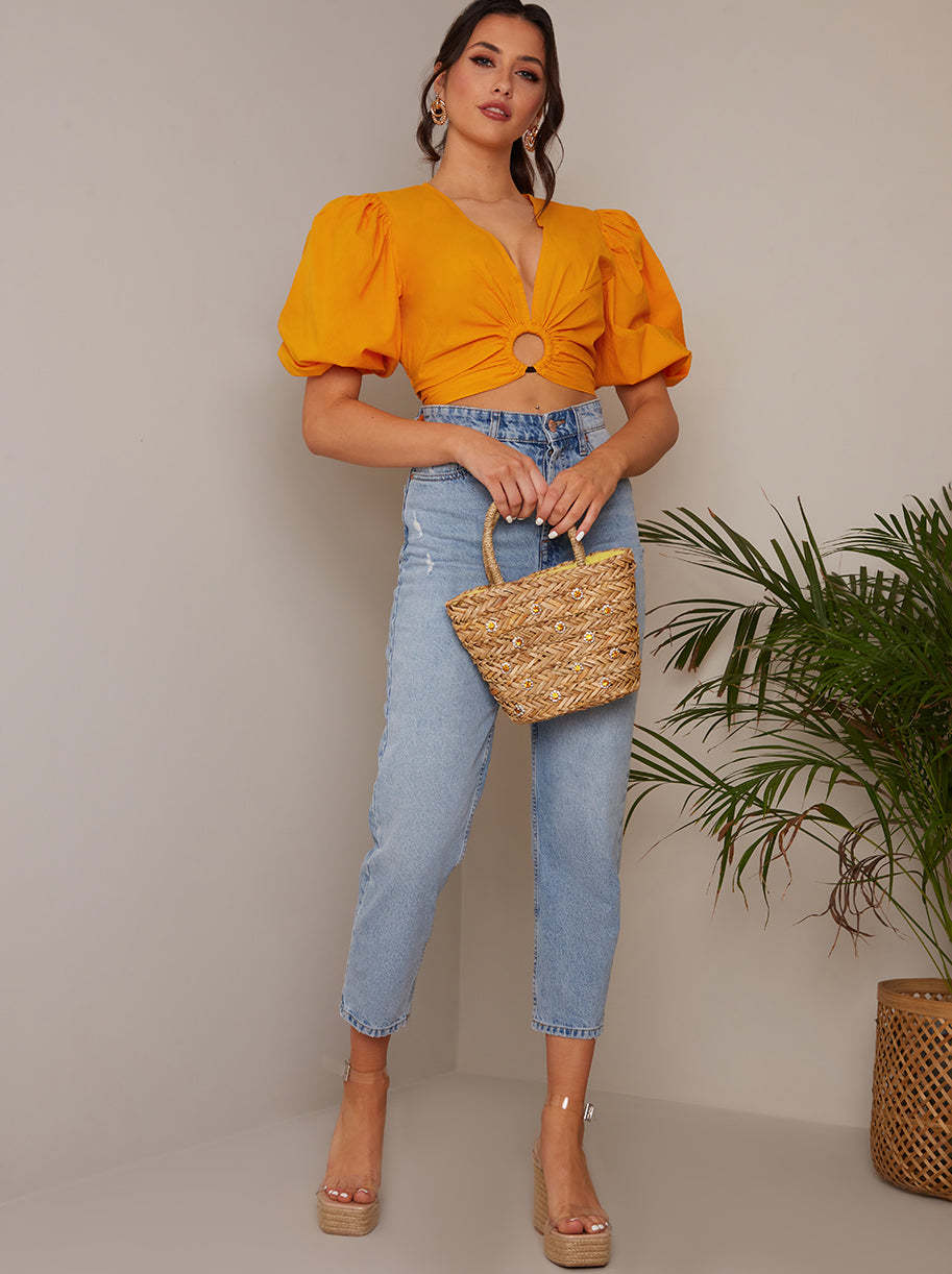 Ring Front Puff Sleeve Top in Orange