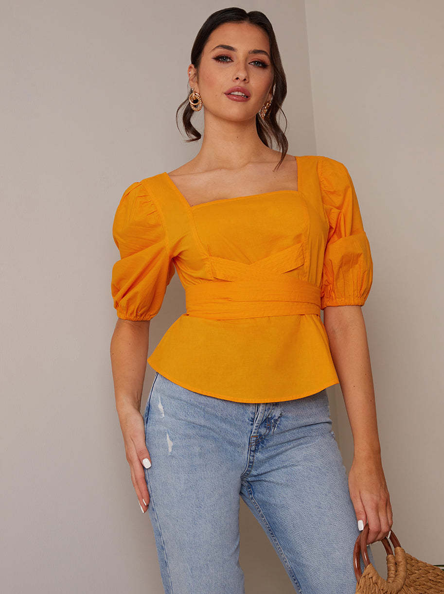 Square Neck Puff Sleeve Top in Orange
