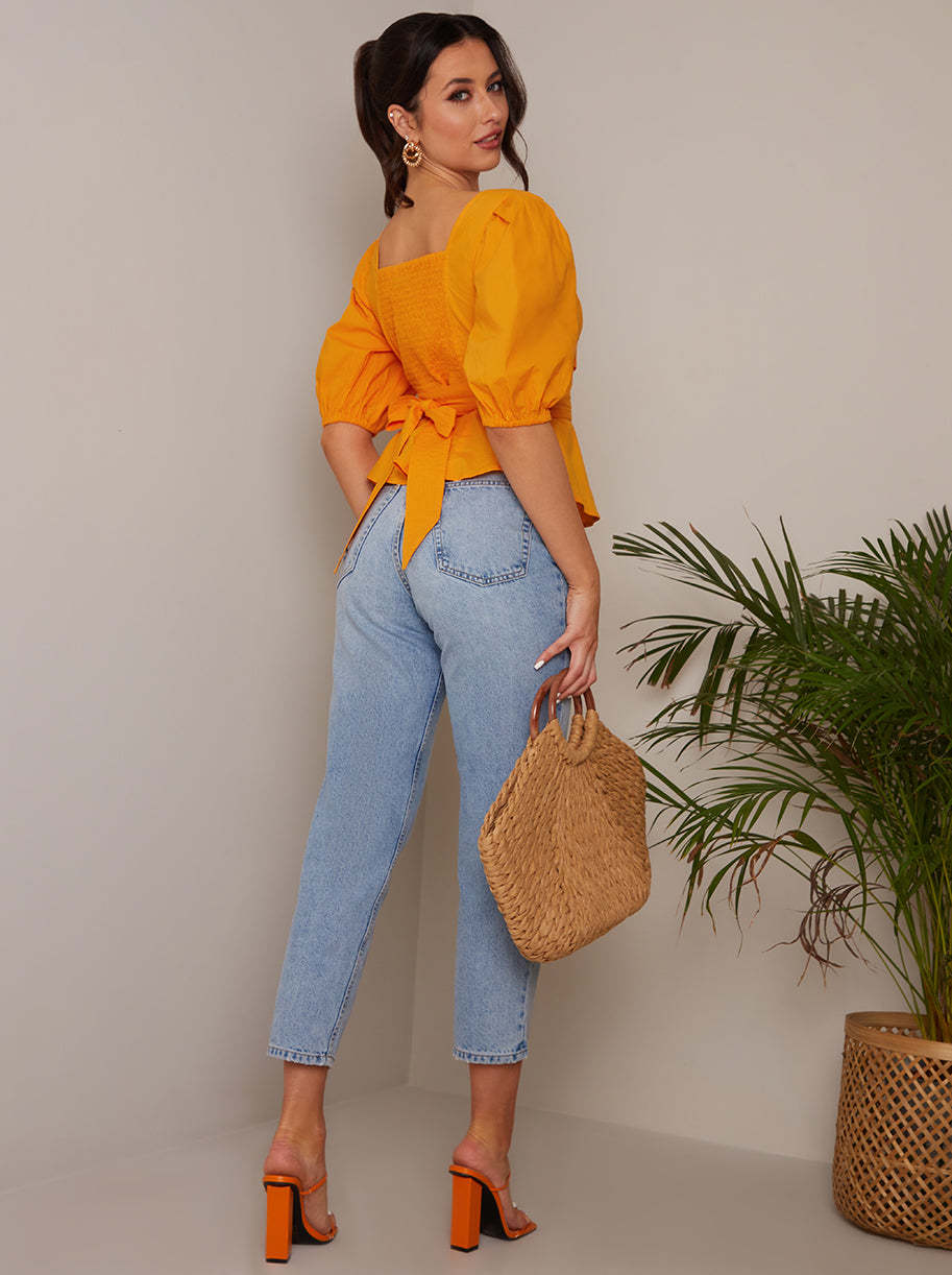 Square Neck Puff Sleeve Top in Orange