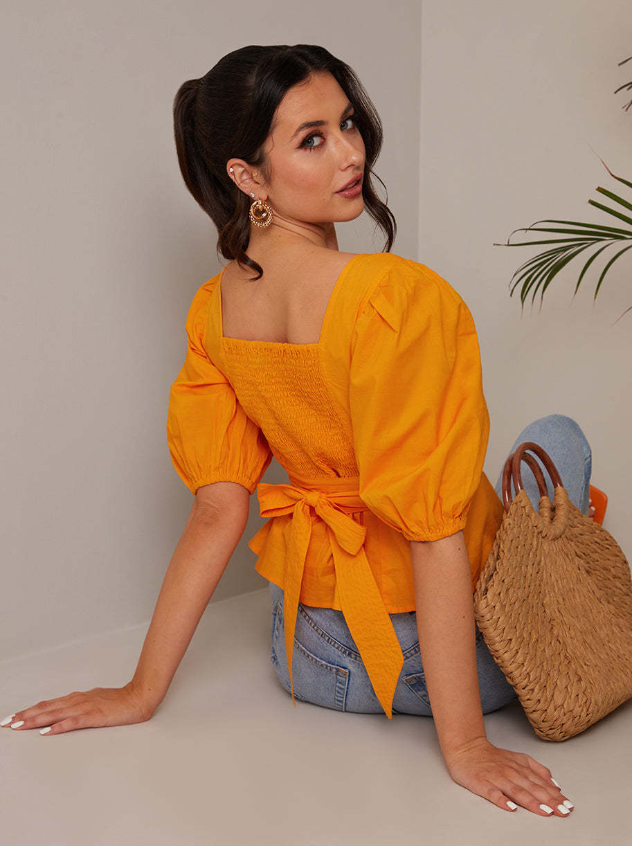 Square Neck Puff Sleeve Top in Orange