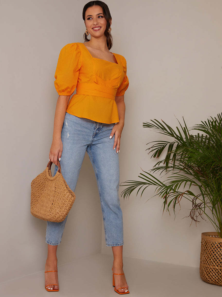 Square Neck Puff Sleeve Top in Orange