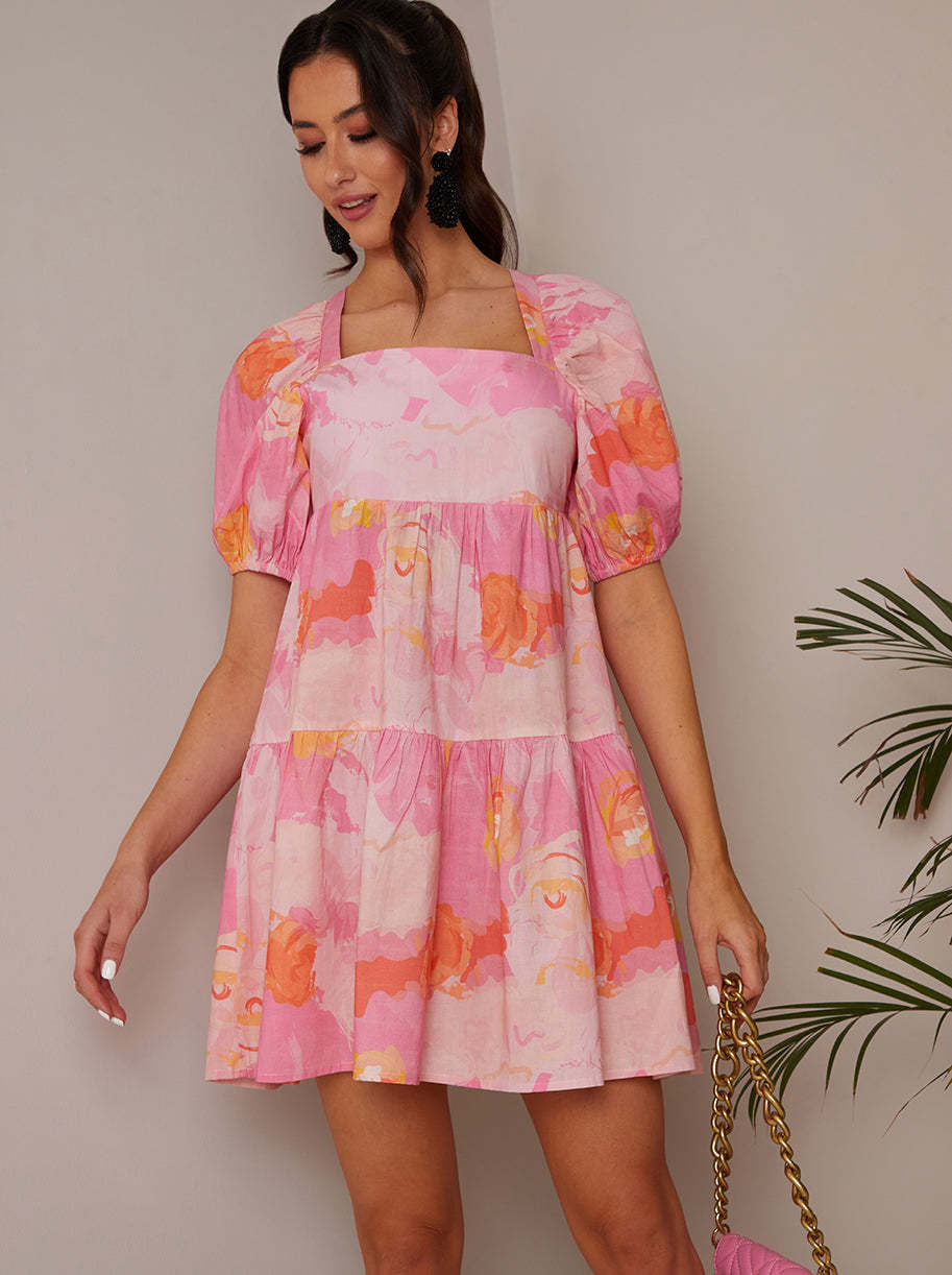 Puff Sleeve Washed Floral Mini Dress in Pink