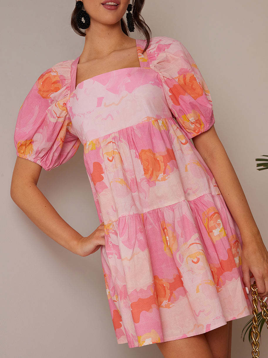 Puff Sleeve Washed Floral Mini Dress in Pink