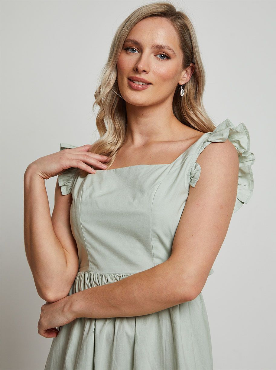 Ruffle Sleeve Cotton Poplin Midi Dress in Green