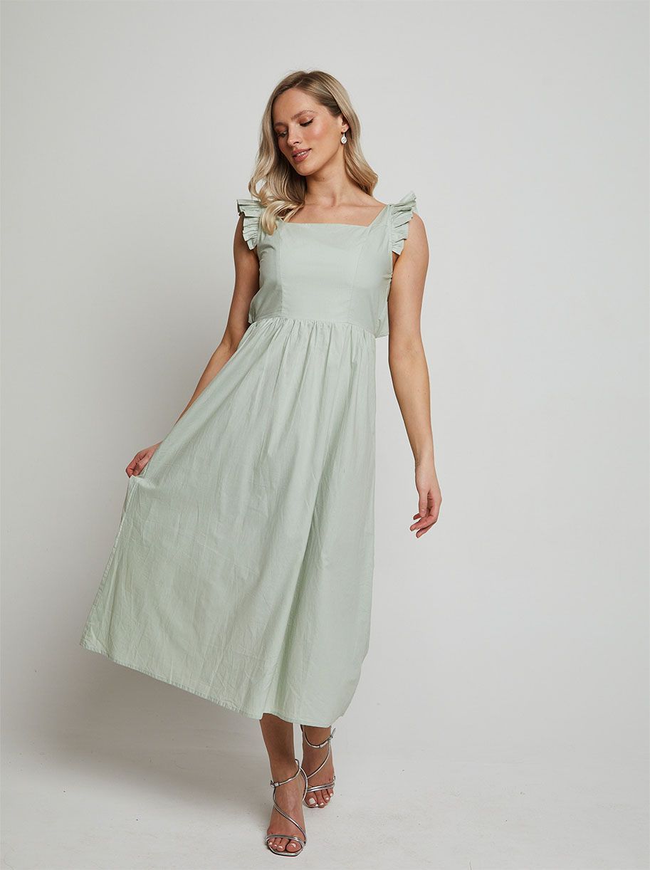 Ruffle Sleeve Cotton Poplin Midi Dress in Green